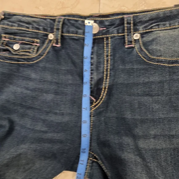 True Religion Women’s Jeans Joey Flap Flare Size 34 Y2K Blue Pink Thread Pockets - Picture 11 of 12